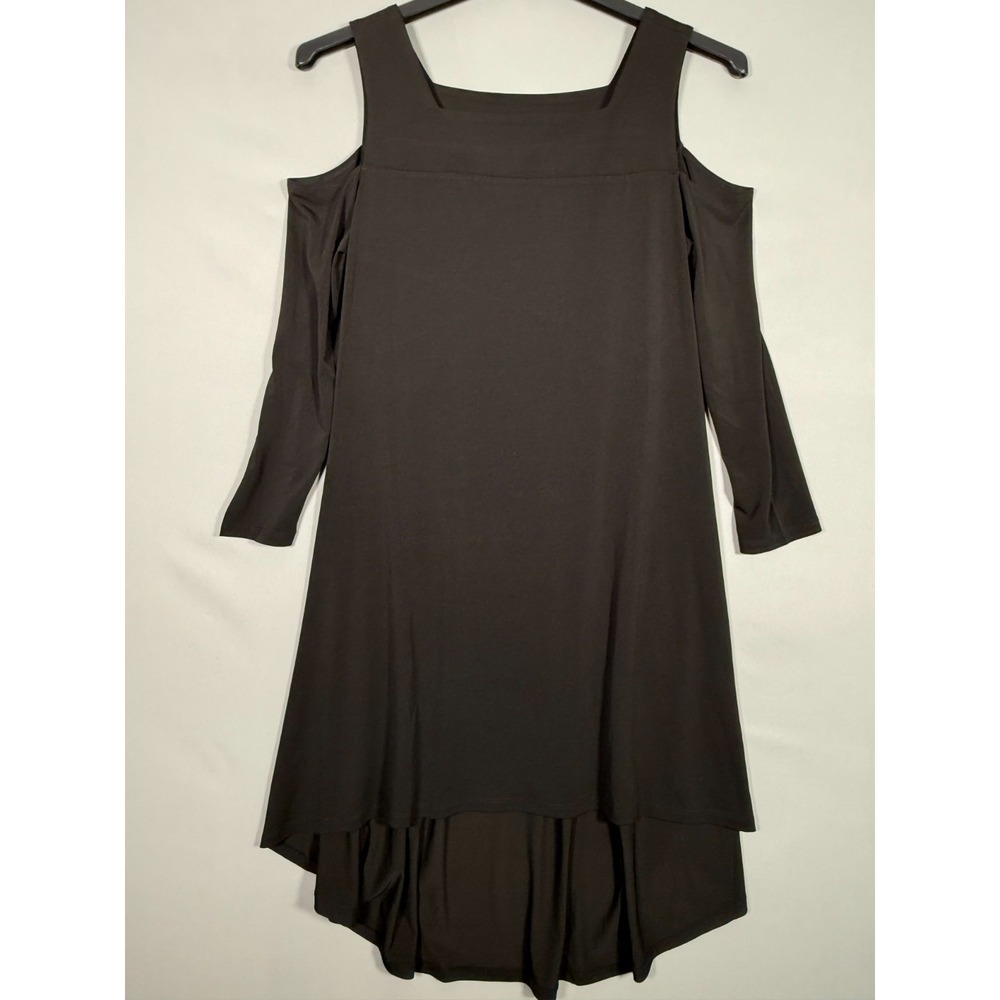Size M ASHRO Black Casual Dinner‎ Asym Hem Dress Sleeves no Shoulders Stretch